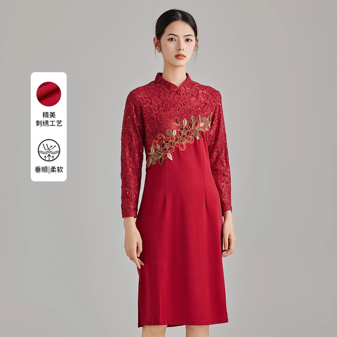 【马天奴】女装柔软长款修身精美垂顺中式优雅绣花VRA963DRX0
