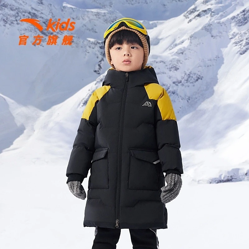 安踏儿童中长版羽绒服2023秋冬新款男童小童户外保暖加厚防水外套