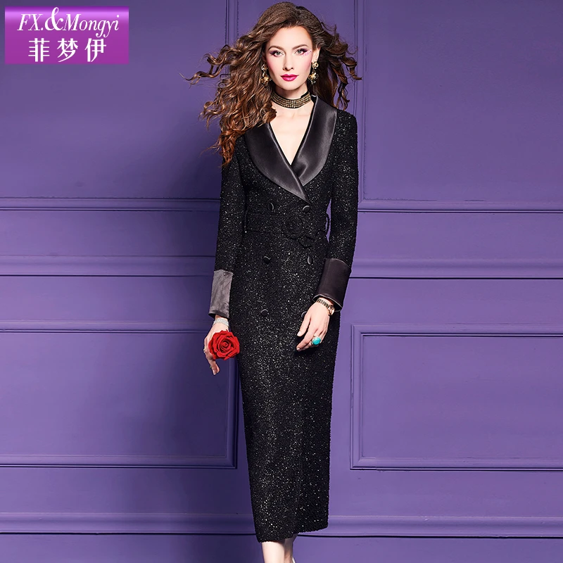 菲梦伊黑色设计师冬季新款复古气质轻奢修身时尚连衣裙61234新