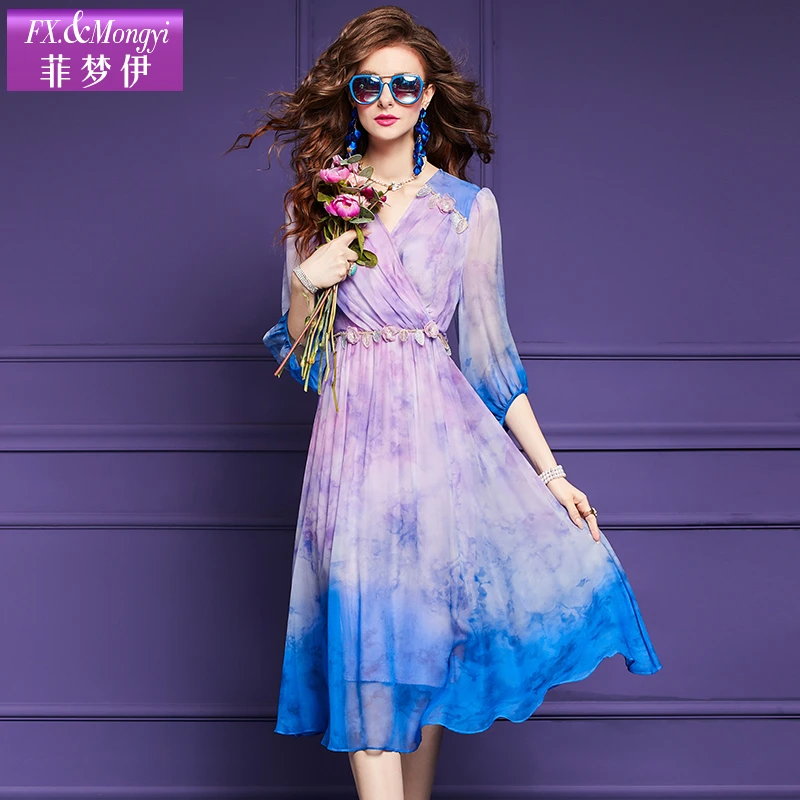 菲梦春季伊新款100%桑蚕丝显瘦收腰时尚印花连衣裙57409