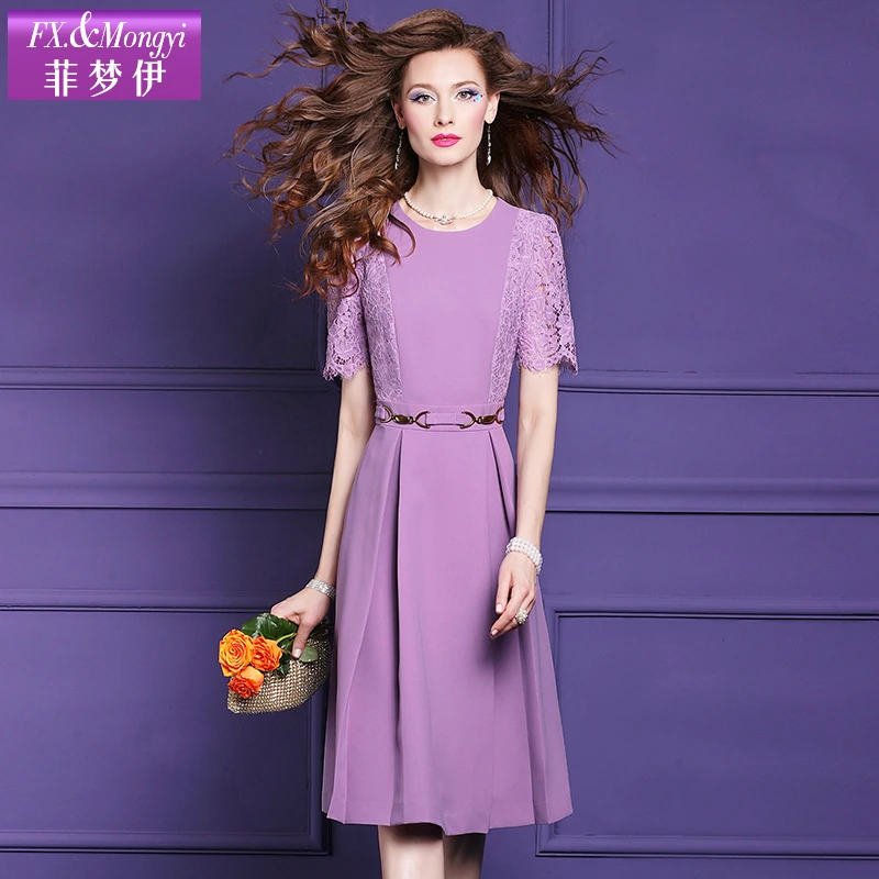 菲梦伊夏季新款蕾丝拼接连衣裙女遮肚子收腰显瘦中长款A字裙57293