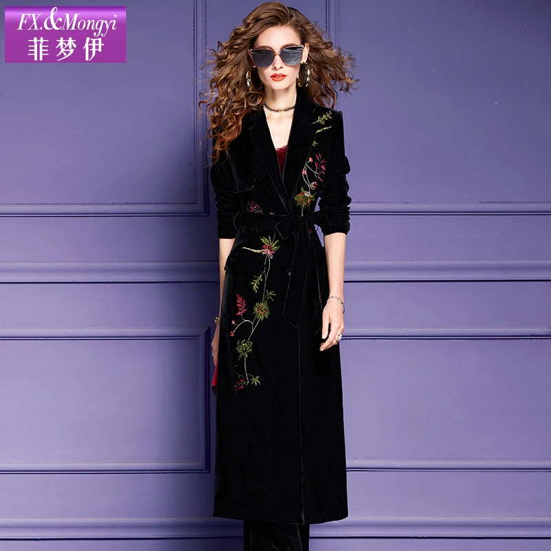菲梦伊原创金丝绒刺绣花秋冬新款黑色复古轻奢时尚套装53680