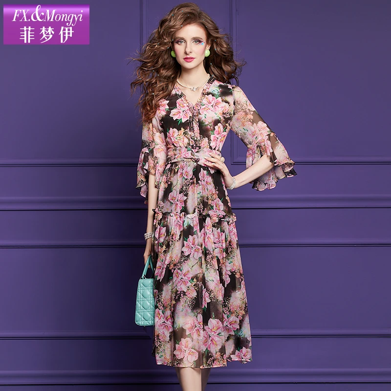 菲梦伊夏季新款优雅印花中长显瘦100桑蚕丝钉珠时尚女连衣裙57139