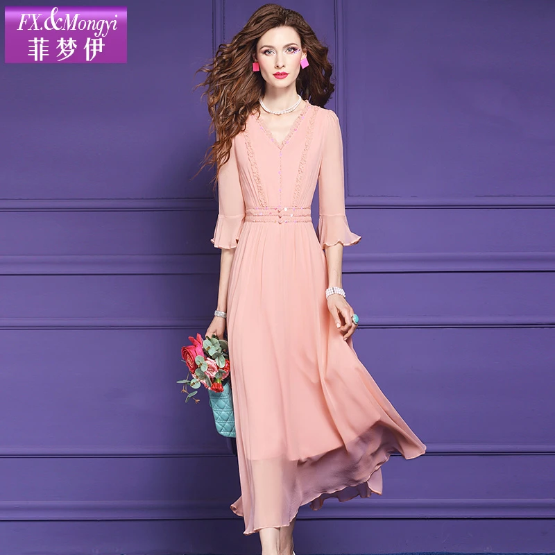 菲梦伊100桑蚕丝连衣裙女夏装法式真丝钉珠喇叭袖大摆长裙子58764