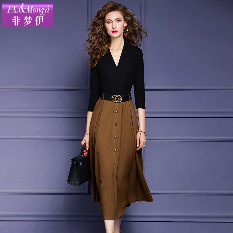 菲梦伊新款时尚修身撞色拼接a字大摆连衣裙52490