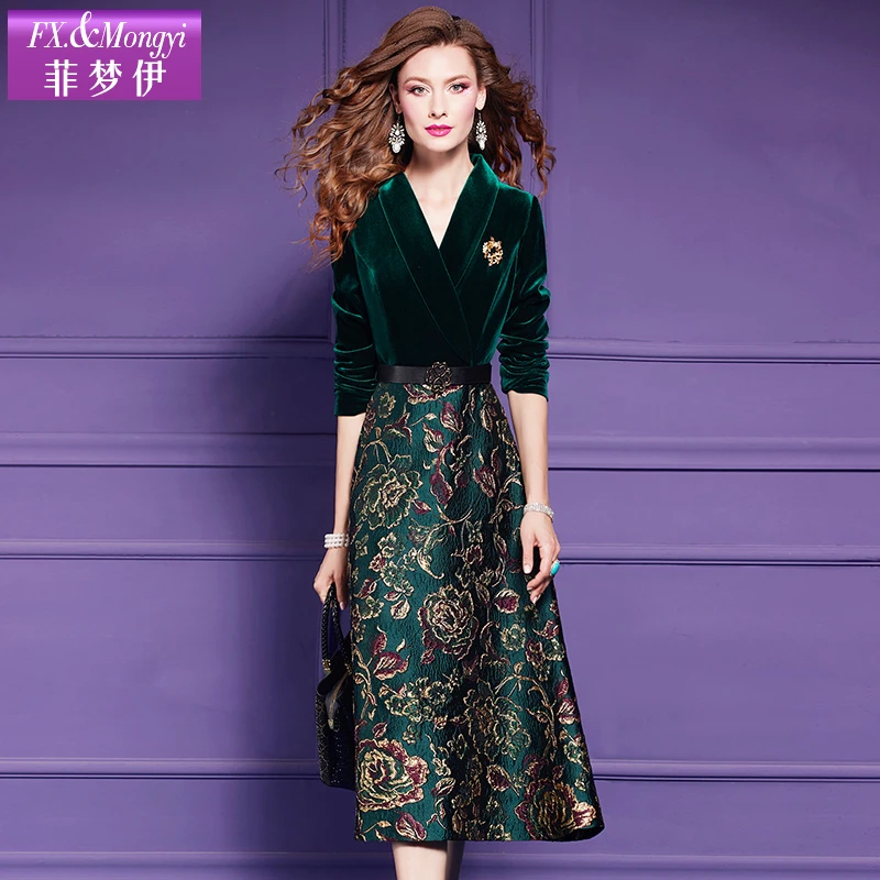 菲梦伊提花金丝绒连衣裙女秋季阔太太高贵优雅气质假两件裙59843
