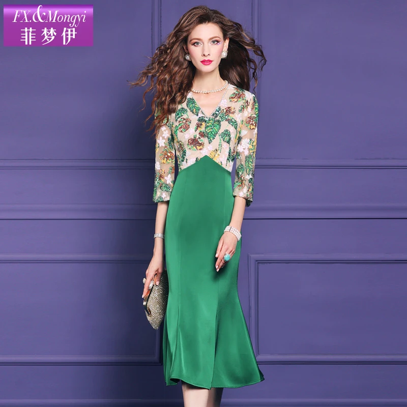 菲梦伊亮片连衣裙女早秋新款法式优雅拼接气质高腰V领中长裙58887