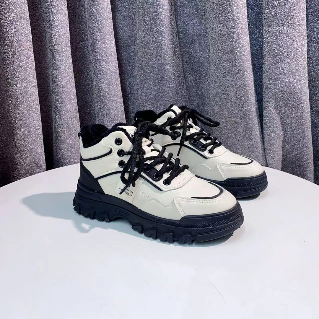 C329 米黑绒里  时尚厚底圆头系带高帮女休闲运动鞋 老爹鞋