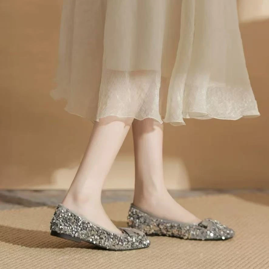 C1264 灰色  时尚舒适低跟方头平底浅口女软底单鞋