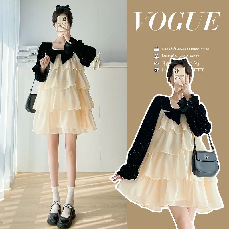 秋装新款小个子孕妇裙清新甜美可爱A字蛋糕裙长袖圆领孕妇连衣裙