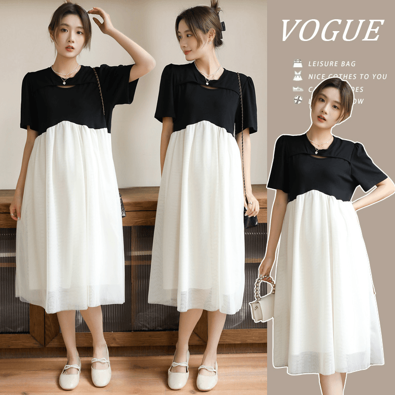 孕妇装夏季短袖连衣裙中长款拼接网纱裙夏天A字裙韩版过膝长裙女