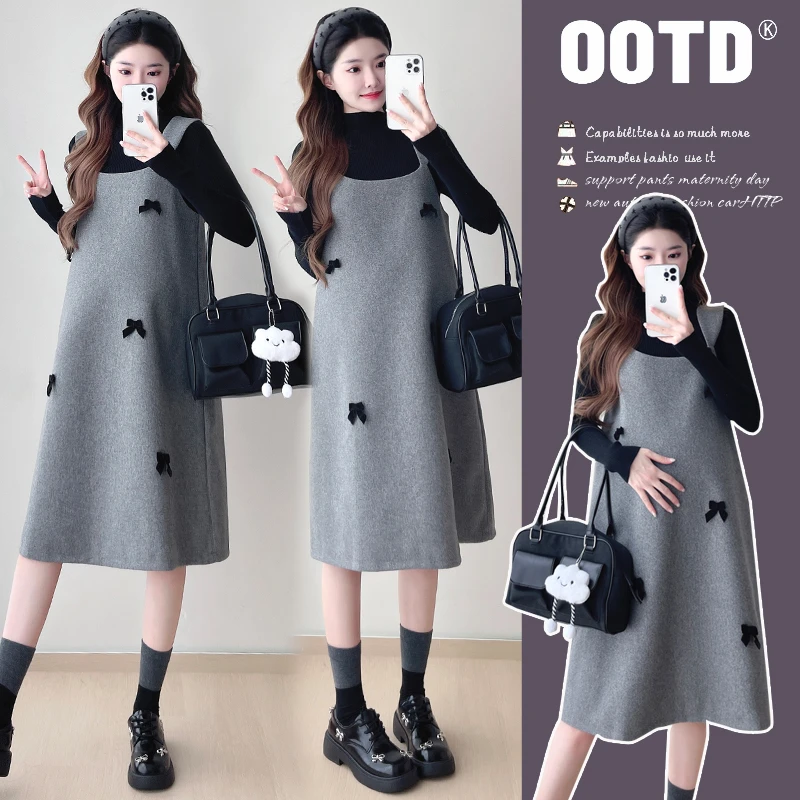 孕妇装秋冬季2025新款韩版甜美蝴蝶结减龄小个子连衣裙+毛衣套装