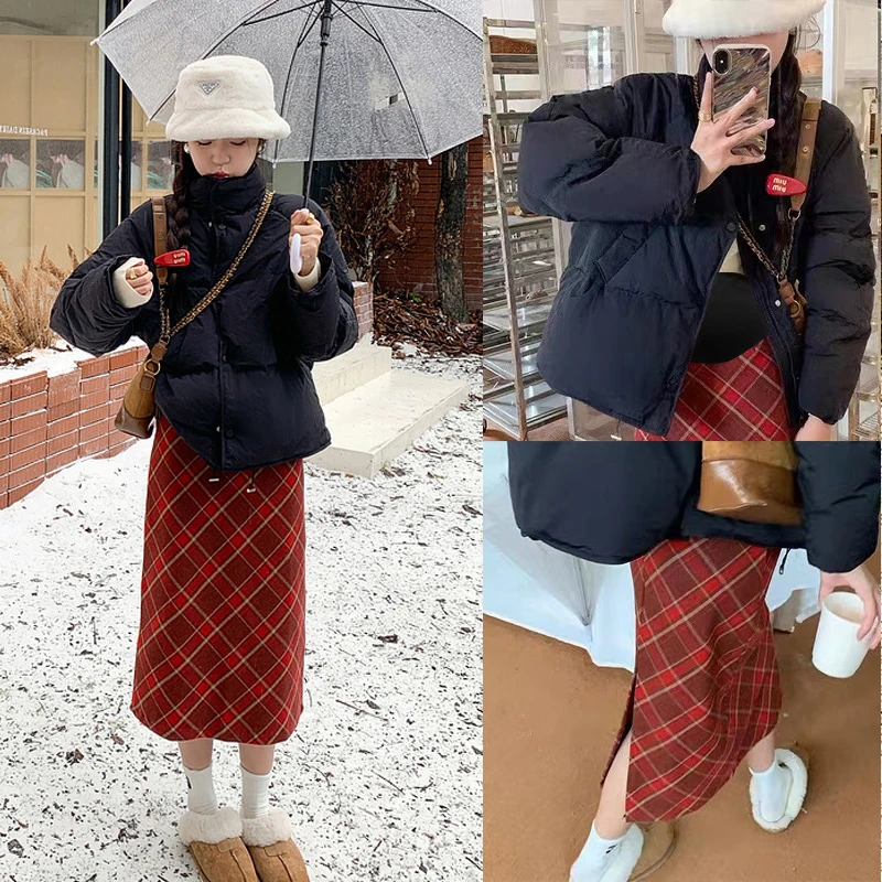孕妇复古红色格子毛呢半身裙秋冬季中长款美式复古a字包臀开叉裙