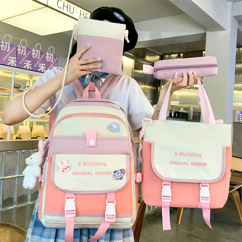 双肩包女新款小学初中学生书包大容量轻便休闲背包子母包四件套潮