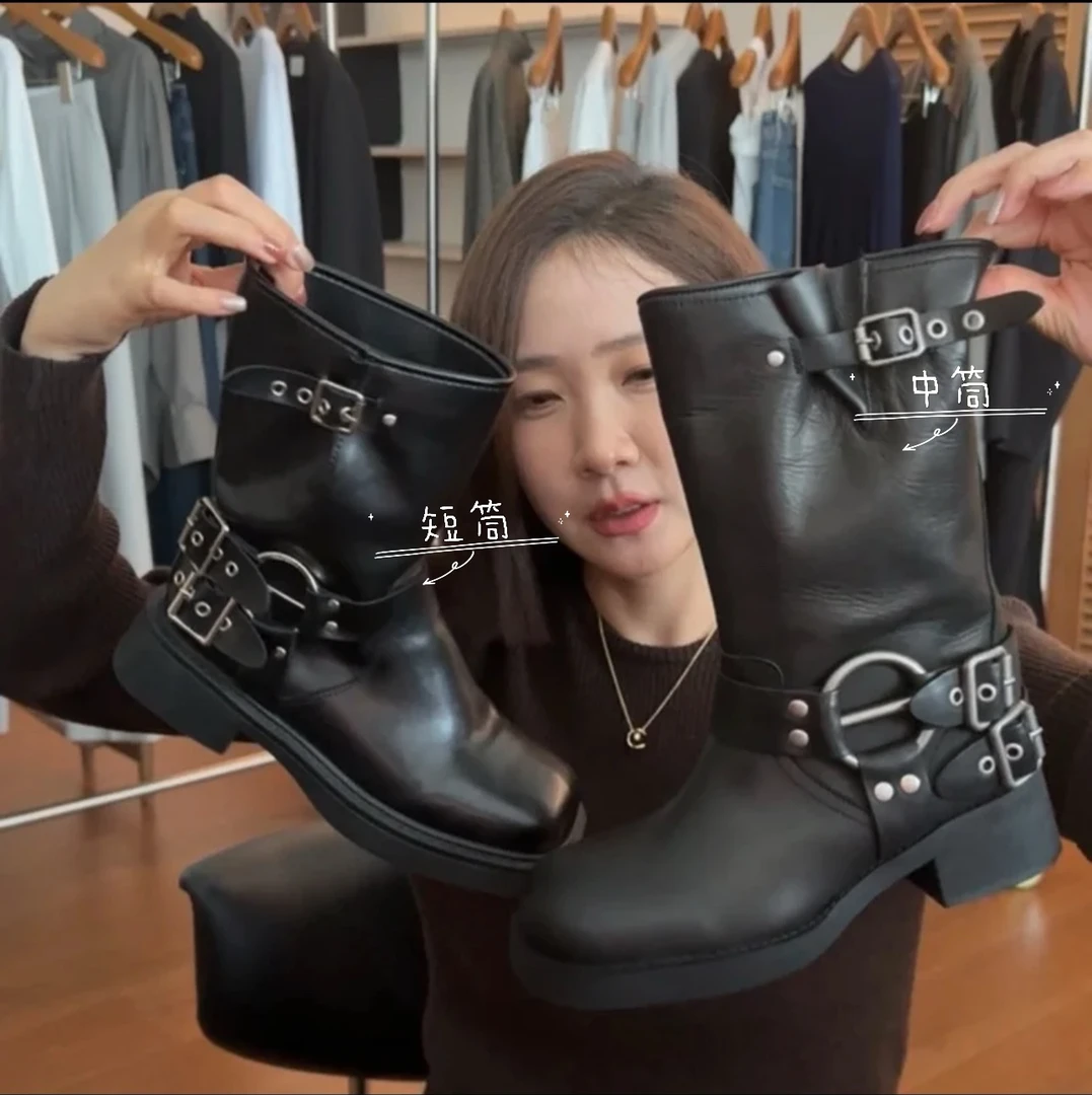 widelia新款老大同款皮扣骑士靴