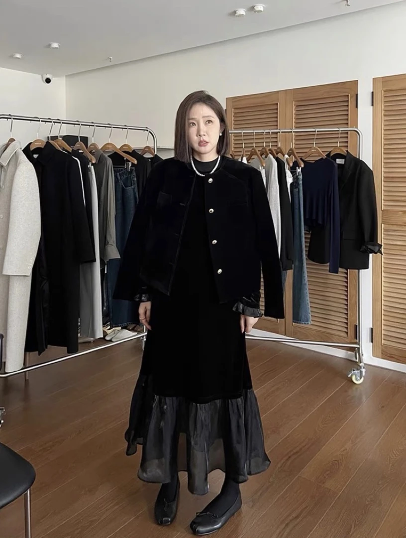 widelia秋冬新款韩版蕾丝拼接丝绒连衣裙9219