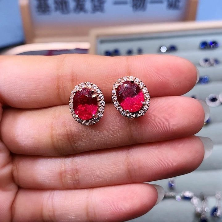 红宝石耳饰银S925镶嵌