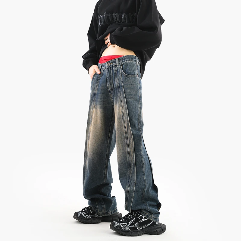 痞帅潮男裤子直筒阔腿休闲拼接大码牛仔裤宽松cleanfit美式网红款