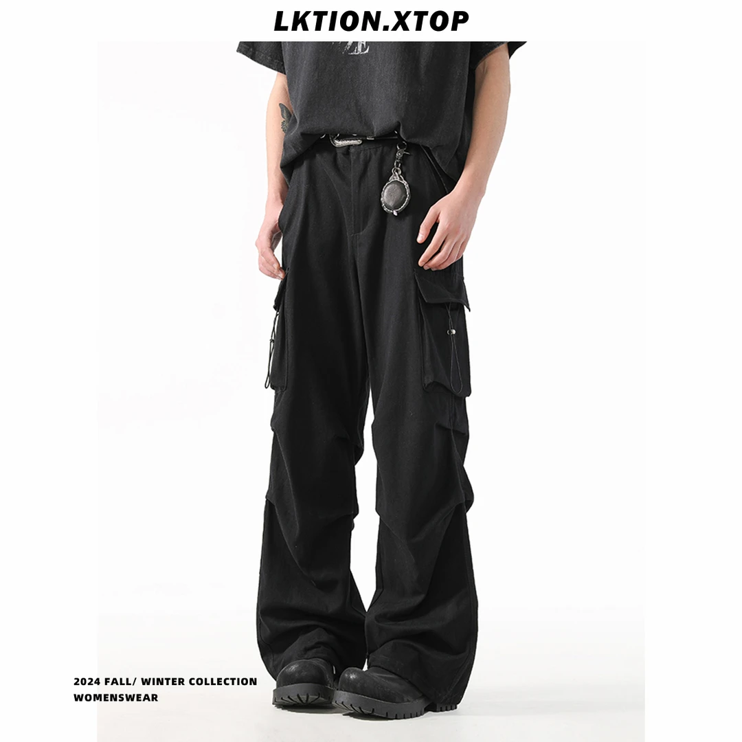 LK正品 黑色褶皱垂感休闲裤子男女美式高街多口袋工装阔腿长裤潮