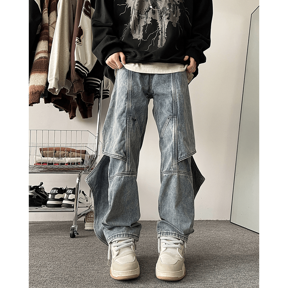 LKTION官方正品美式复古潮直筒百搭高街重磅做旧巴黎设计感牛仔裤