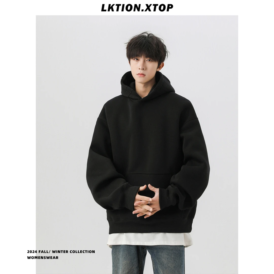 LK官方正品  美式复古纯色百搭宽松休闲结构帽子重磅短款连帽卫衣