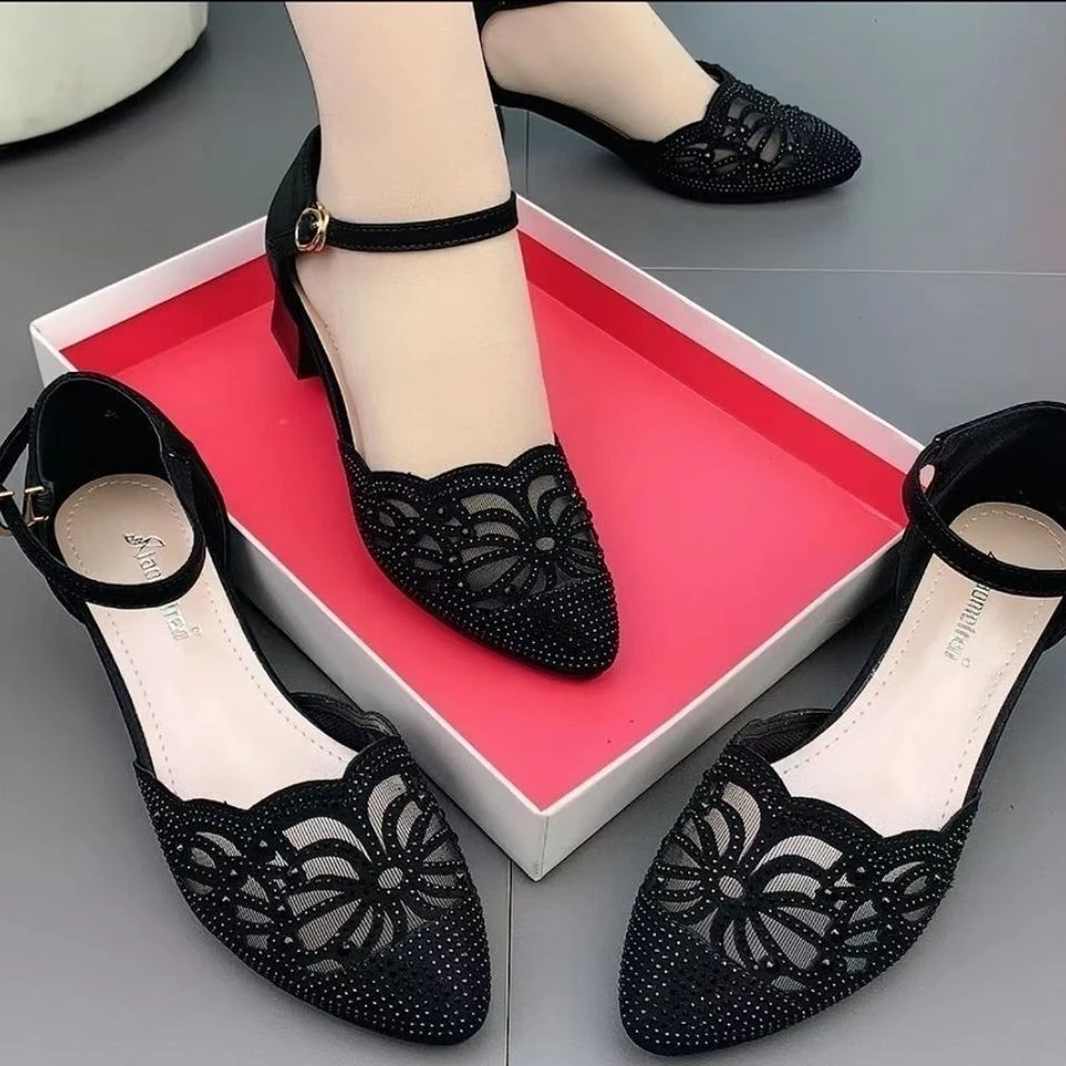 2025新款夏季镂空软底凉鞋女中跟粗跟时尚中年妈妈鞋包头网纱凉鞋