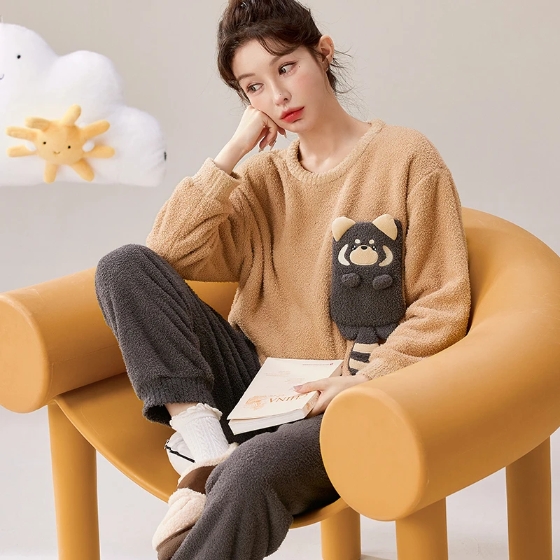 半边绒睡衣女秋冬加绒加厚冬季珊瑚绒套装女款爆款2024新款家居服