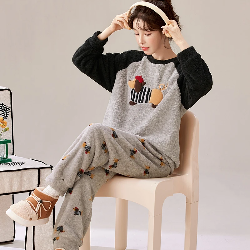 半边绒睡衣女秋冬加绒加厚冬季珊瑚绒套装女款爆款2025新款家居服