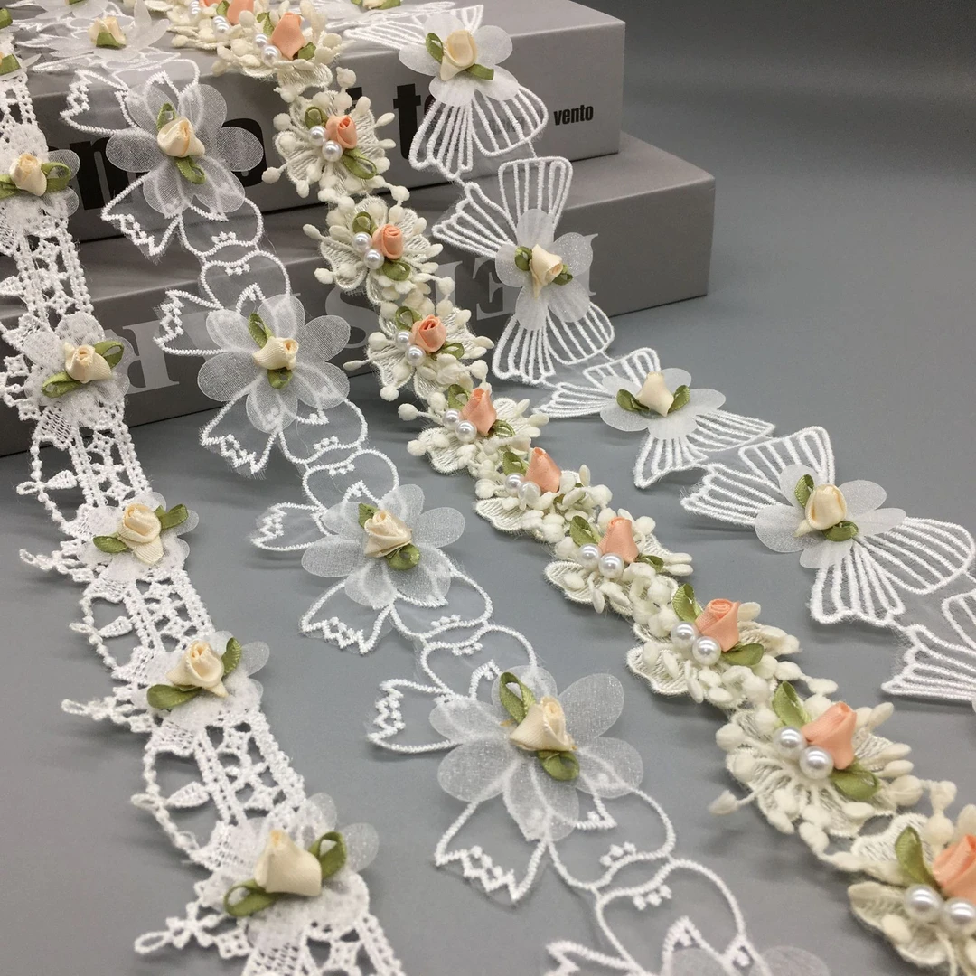 服饰窗帘蕾丝花边 蝴蝶结刺绣贴花手工DIY制作刺绣花朵钉珠花边