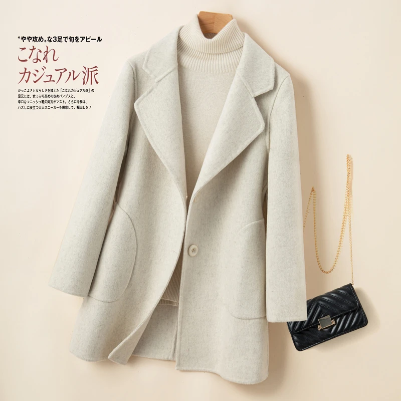 双面羊绒大衣秋冬新款中长款西装领修身显瘦韩版时尚羊毛呢子外套