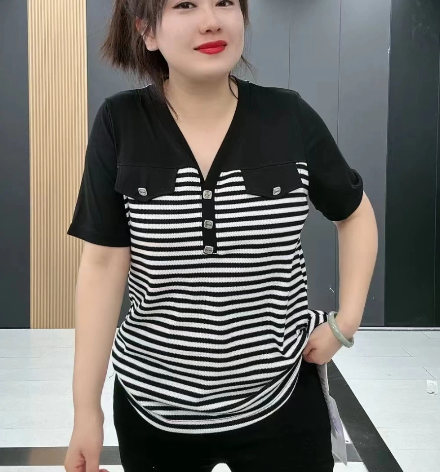 梦梦家1808款V领拼接显瘦休闲半袖衫