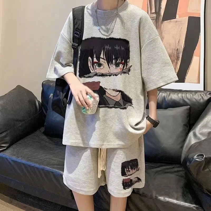 网红华夫格两件套潮流百搭t恤ins潮牌印花运动休闲短袖短裤套装帅