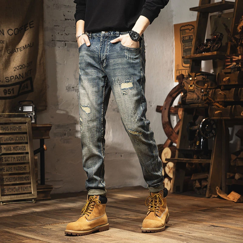 怀旧复古蓝高端欧货破洞补丁牛仔裤男修身小直筒潮流水洗做旧931