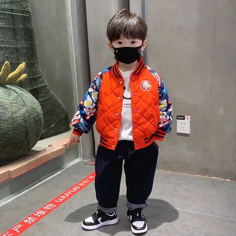 男童夹棉外套奥特曼衣服2023新款儿童加厚棒球服秋冬季男孩薄棉服