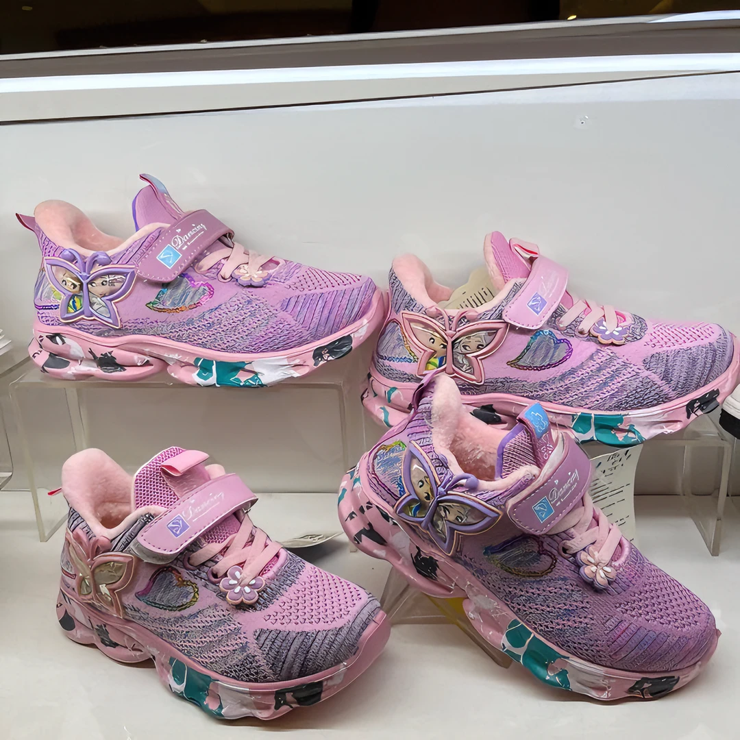 软底防滑女童冬款飞织透气运动鞋加绒加厚棉鞋爱莎公主图案儿童