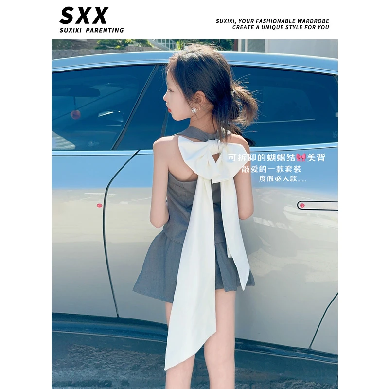 【LUCY定制】女童2024夏季蝴蝶结露背挂脖A字半身裙辣妹套装