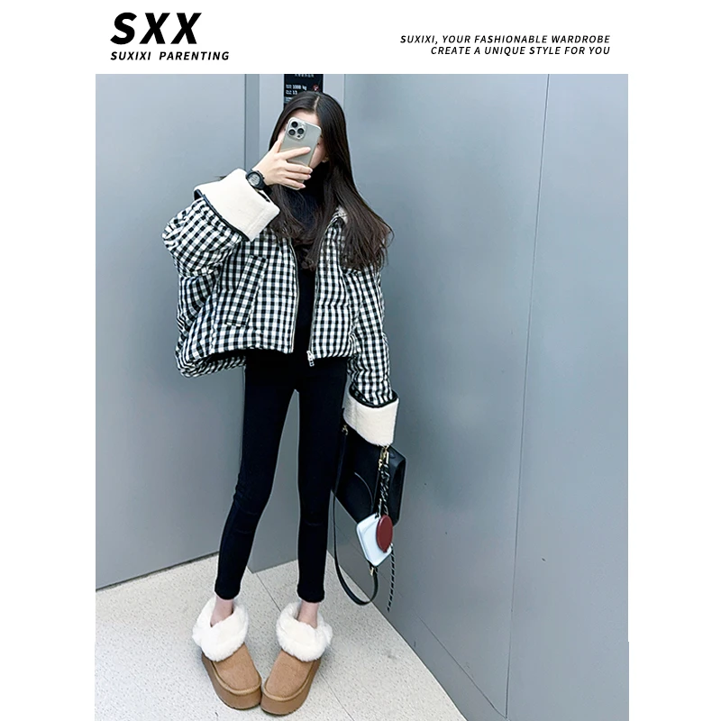 【LUCY定制】女童2024秋冬加厚宽松休闲大翻领格子棉服短外套
