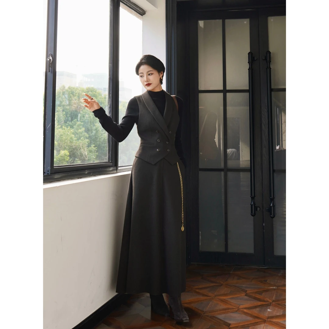 【沉烟】冬季老钱风套装马甲长半裙A型裙 羊毛蚕丝混纺内搭