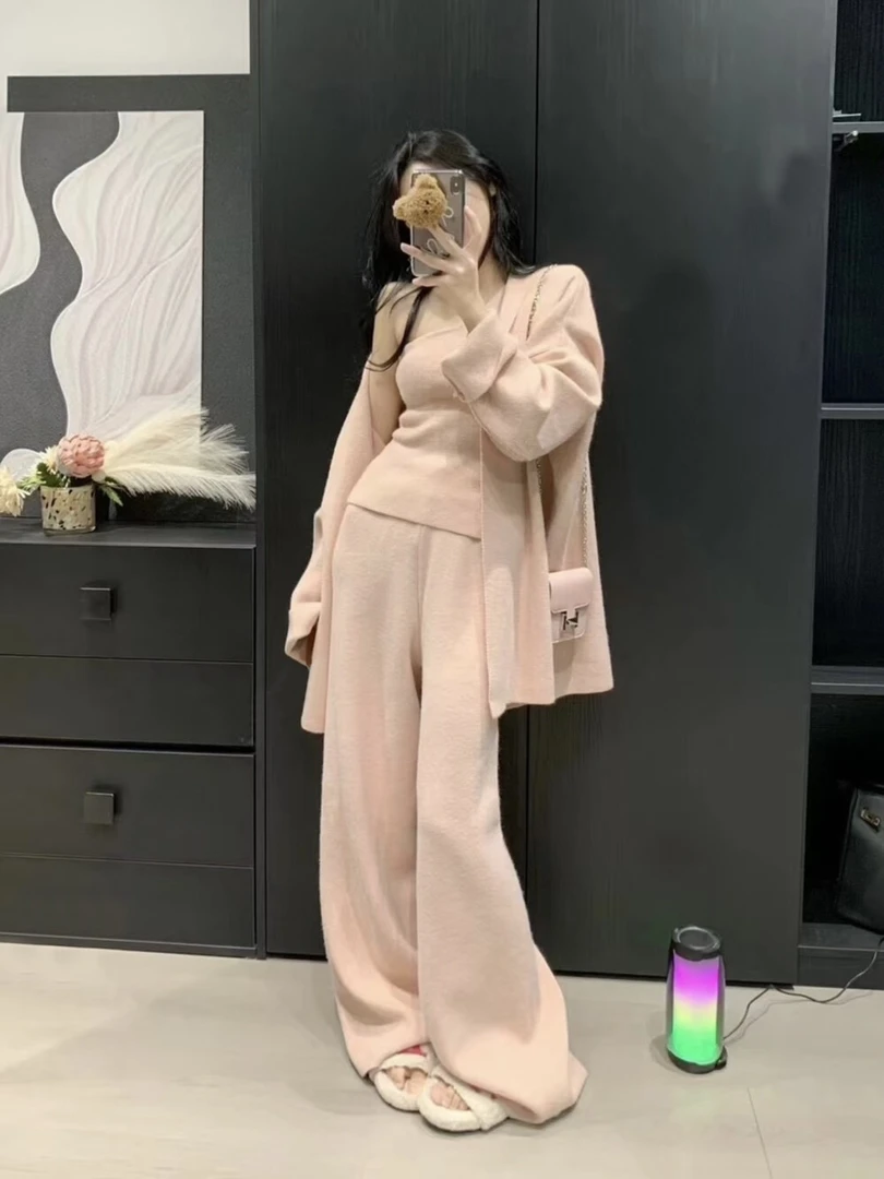 慵懒感时尚开襟毛衣外套+修身背心+松紧腰阔腿百搭休闲裤三件套装