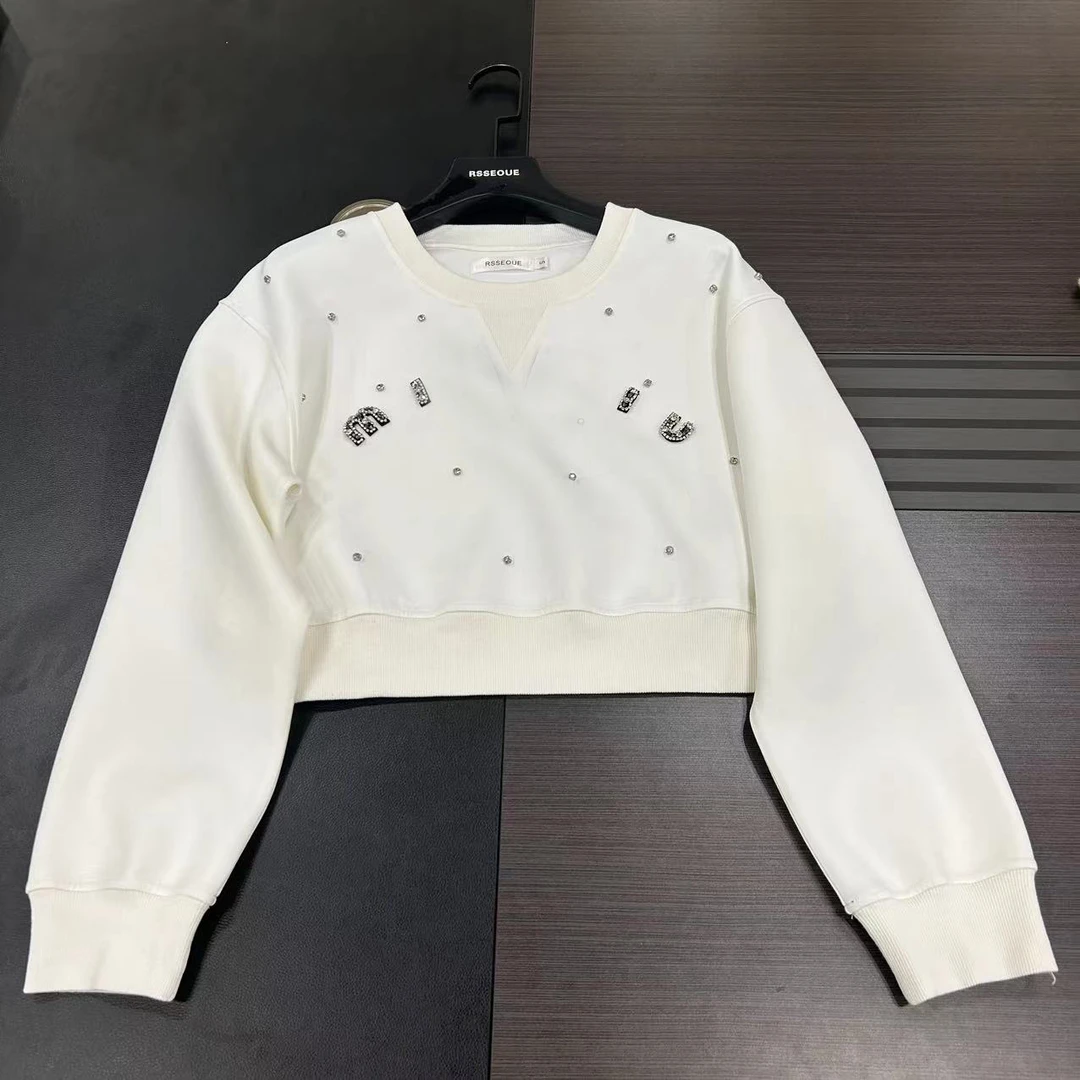 秋季新品小香风重工字母烫钻设计师休闲百搭白色圆领上衣