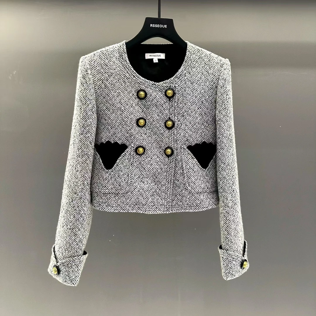 欧货2025新款千金感短款外套女小香风粗花圆领双排扣上衣