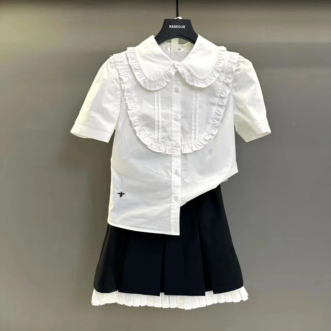韩系学院风套装女夏季新款木耳边白色短袖衬衫高腰显瘦短裙两件套