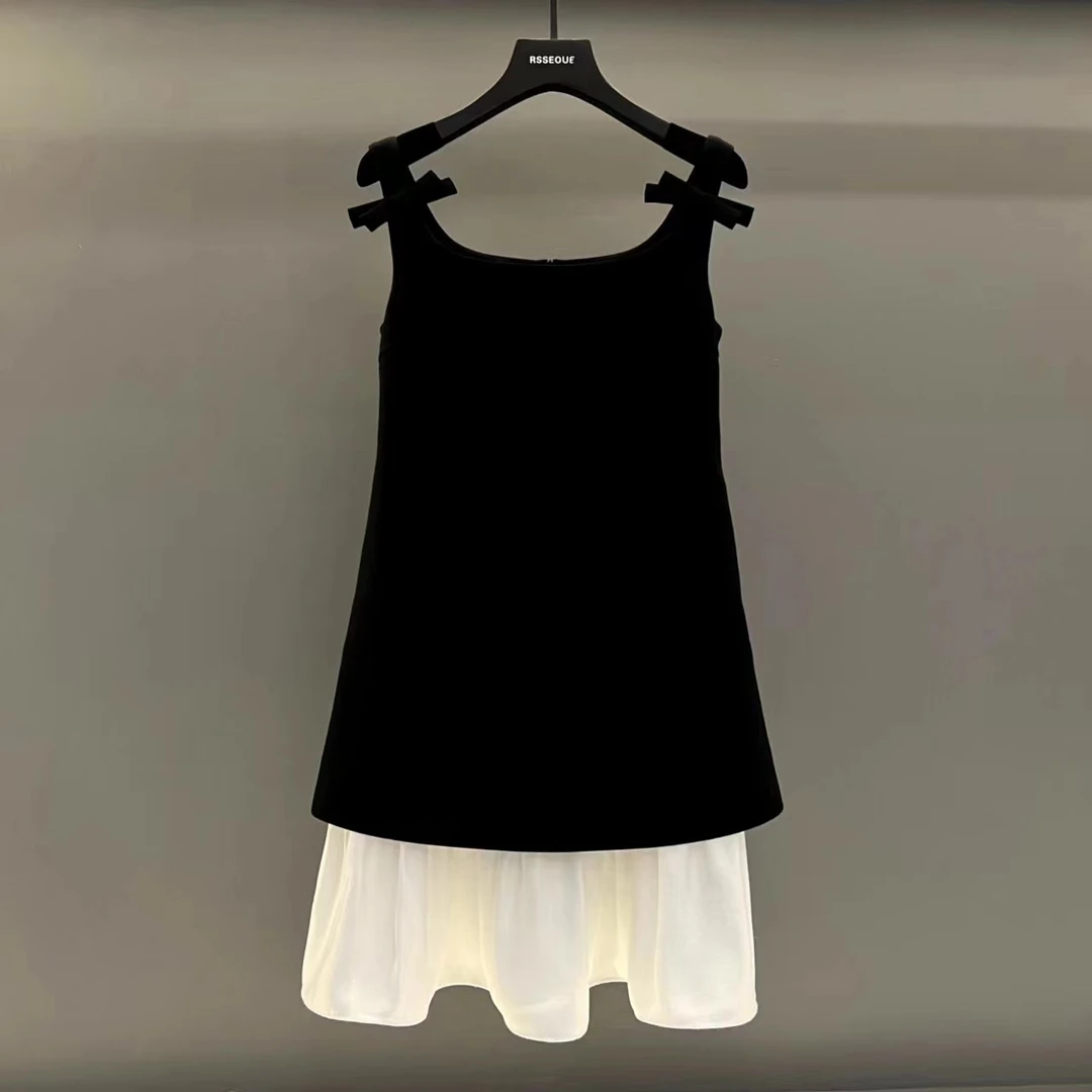 2025夏季新款休闲裙子简约蝴蝶结荷叶边装饰连衣裙L9361