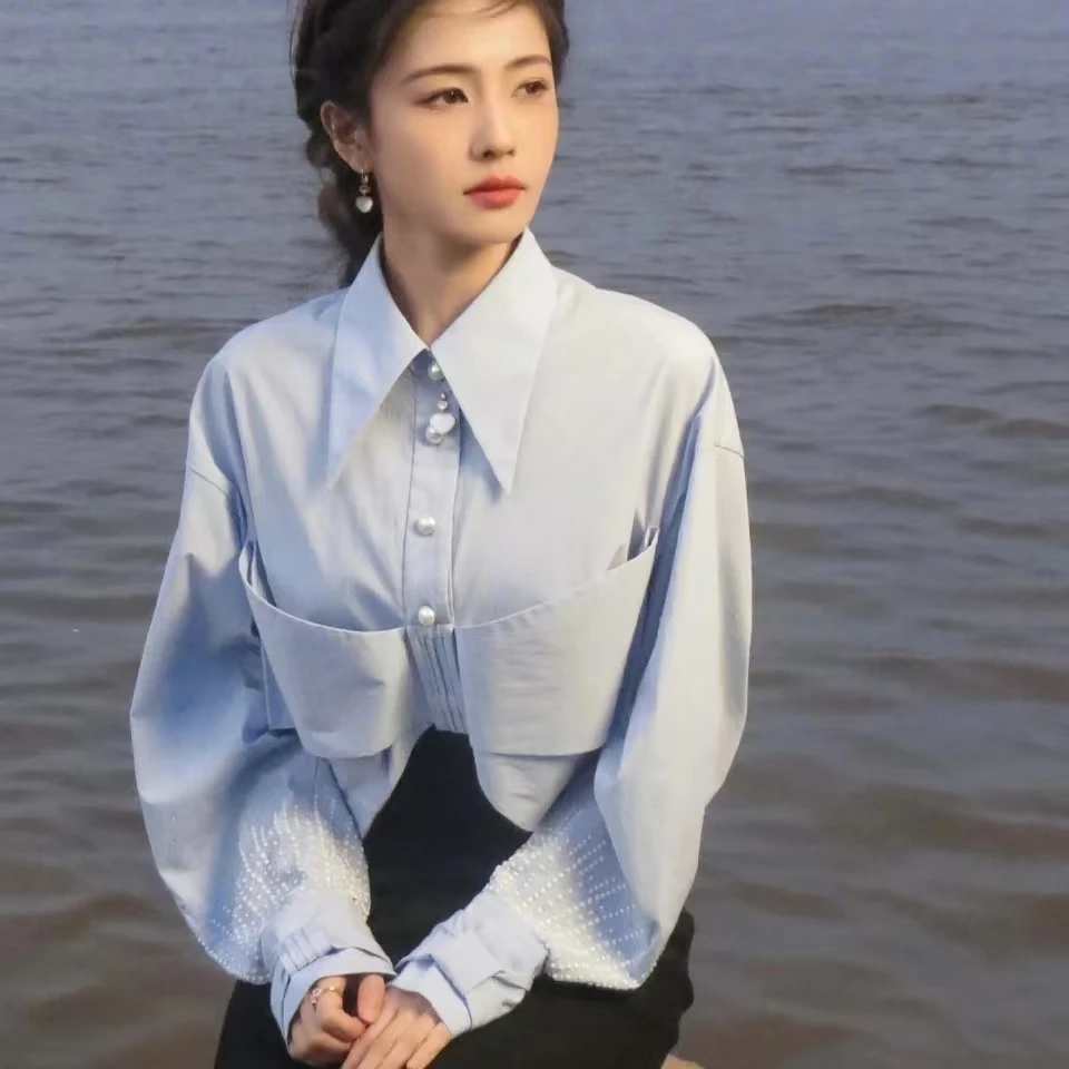 明星同款蓝色法式尖领衬衫女2025早春设计感衬衣上衣百搭