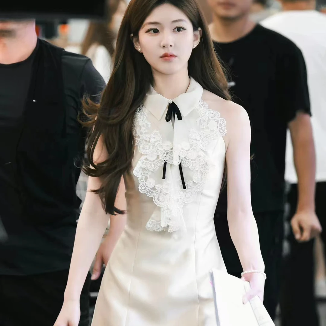 法式撞色娃娃领无袖连衣裙女夏季甜美小香风短裙显瘦收腰a字裙子