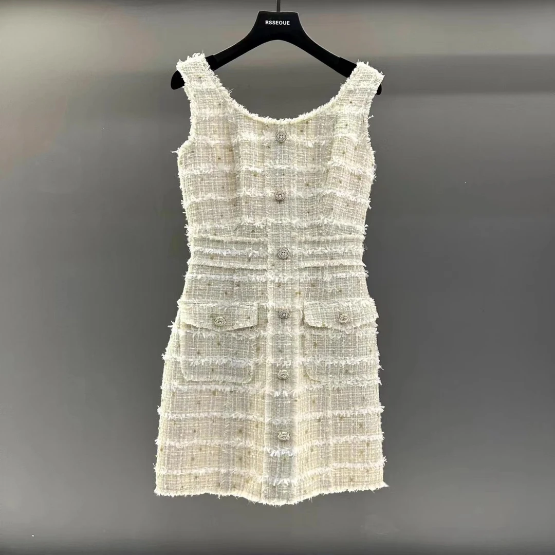 重工拉毛工艺金扣定染连衣裙女2025新款收腰显瘦气质小香裙子