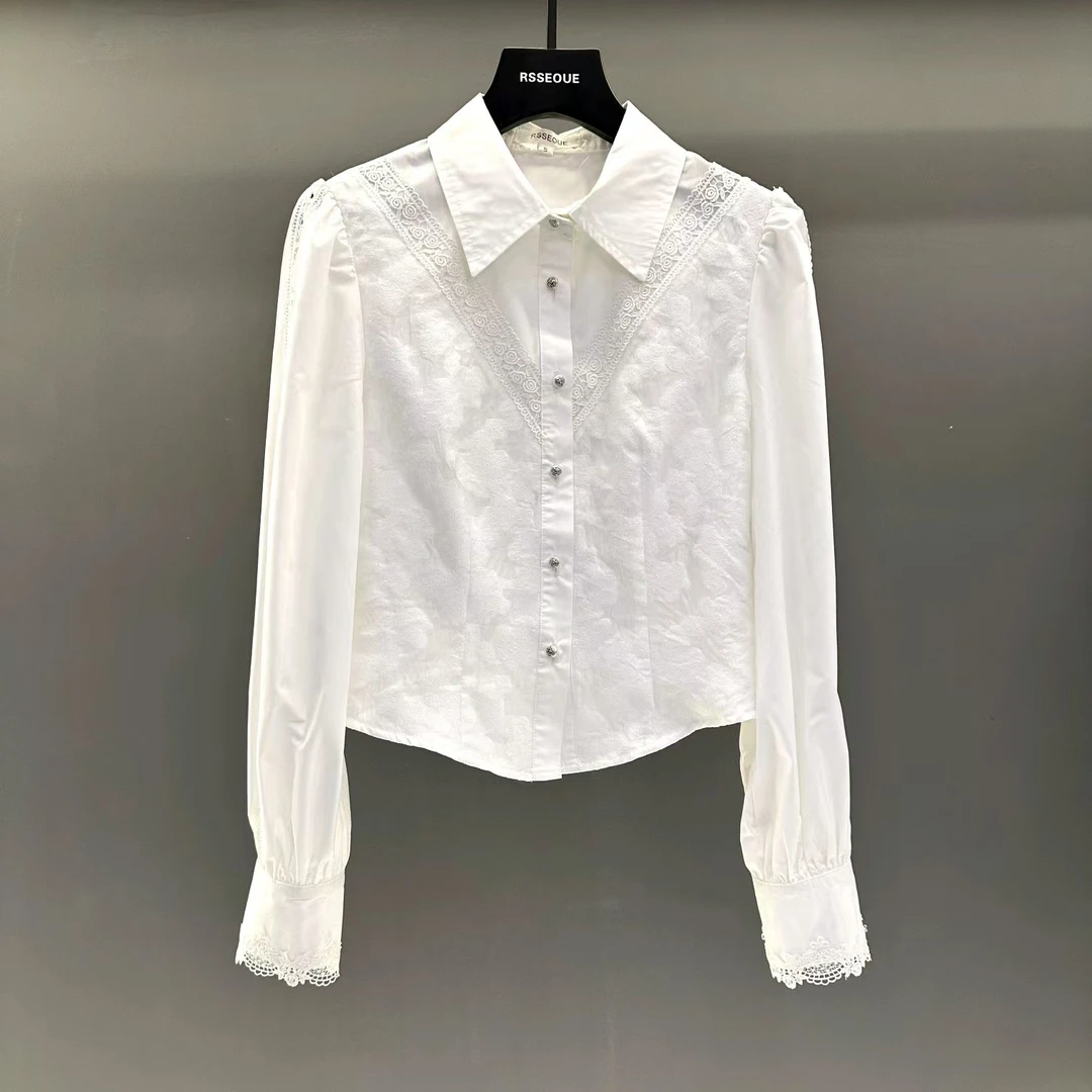 法式高级感镂空长袖白衬衫女别致泡泡袖POLO领衬衣时尚洋气上衣