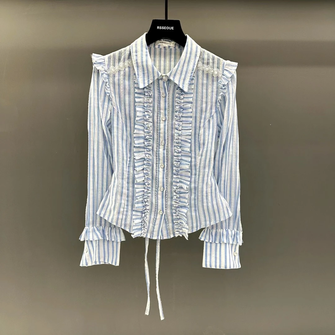 拼接褶皱蕾丝花边条纹长袖衬衫女秋季修身显瘦时尚不规则气质上衣