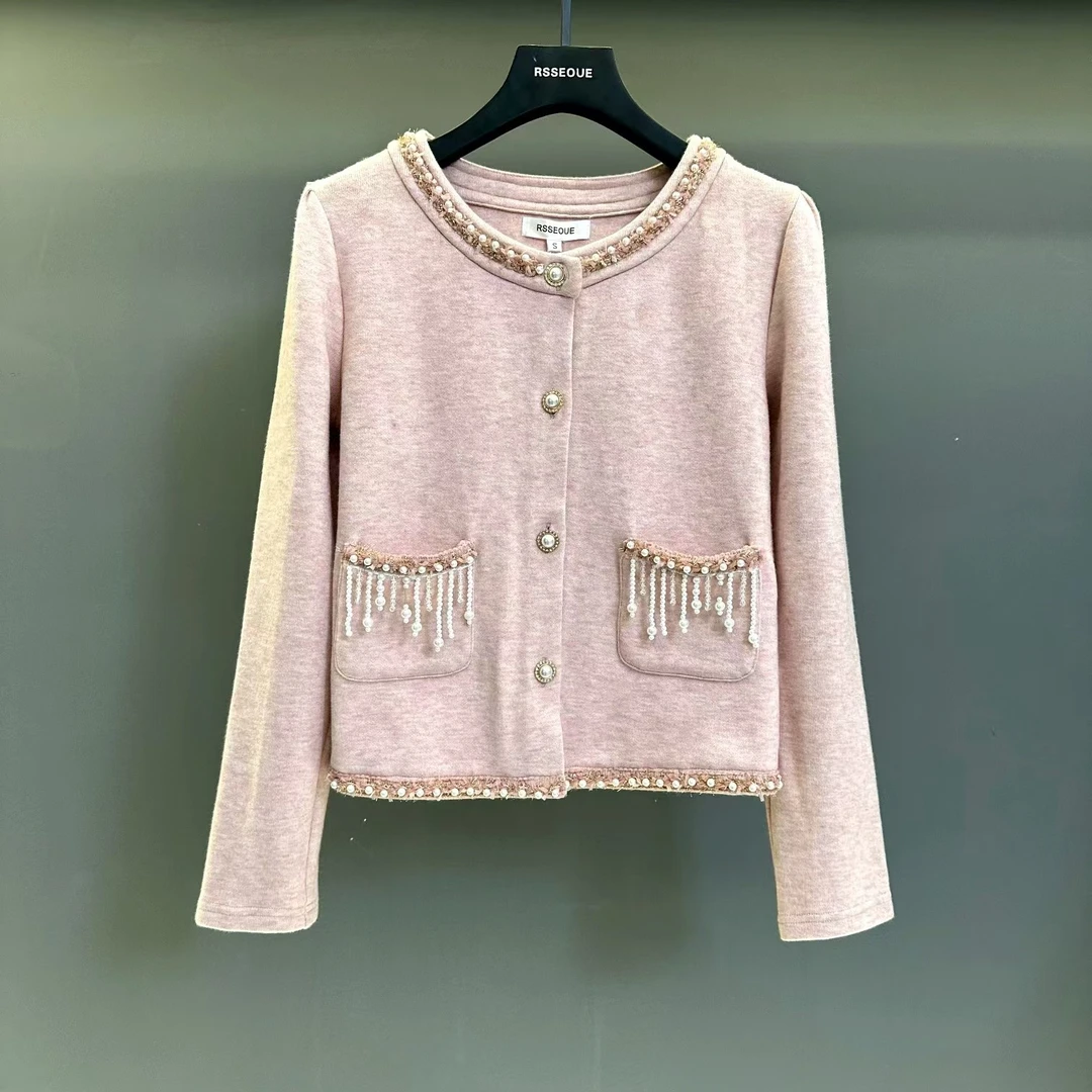 优雅气质富家千金重工钉珠高级感小香风外套粉色减龄甜美上衣