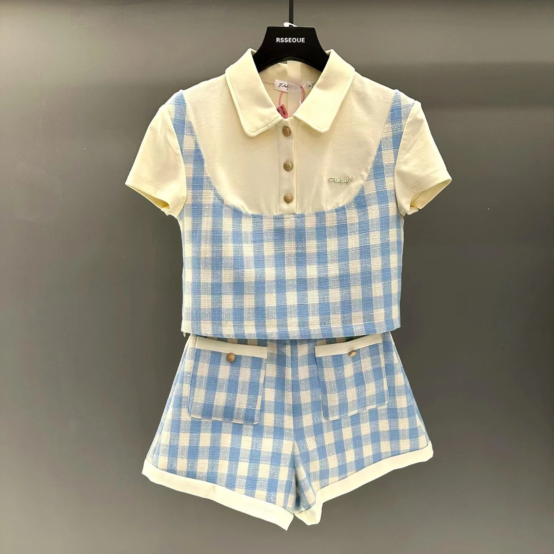 学院风蓝色格子短裤两件套女夏季高级感时髦洋气休闲套装T9398
